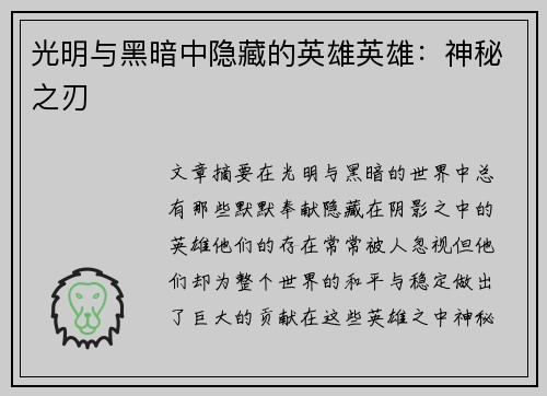 光明与黑暗中隐藏的英雄英雄：神秘之刃